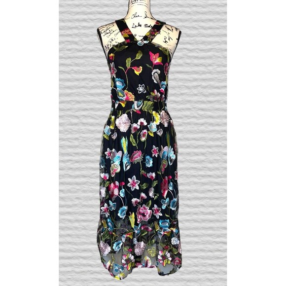Cynthia Rowley Embroidered Floral Halter Dress Black Pink Size M Elegant - Picture 5 of 14